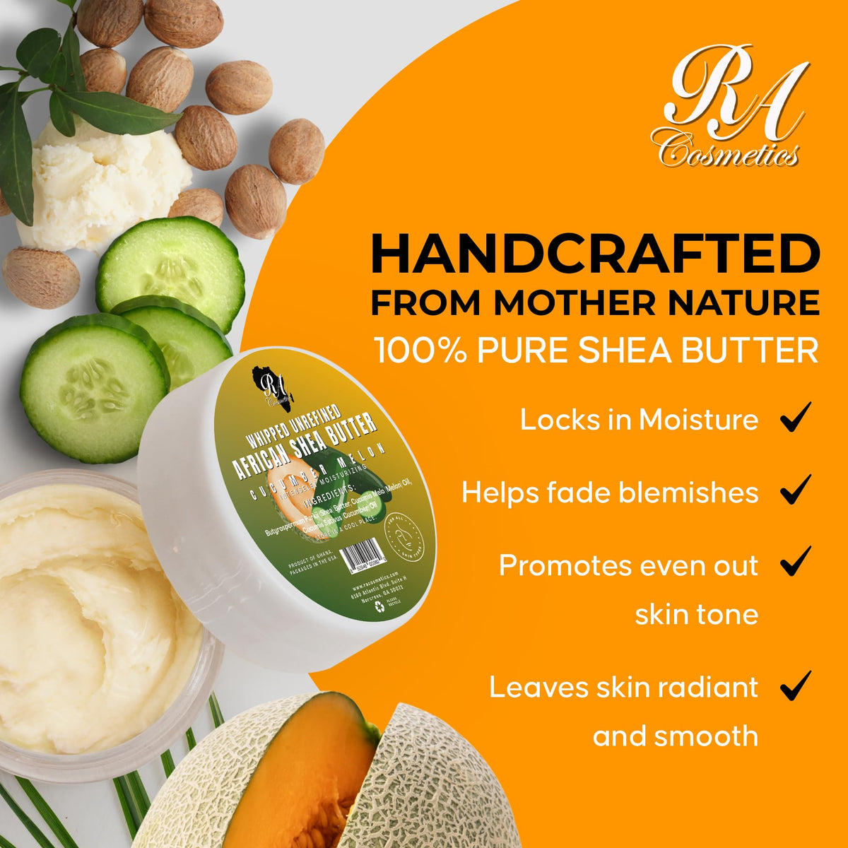 RA COSMETICS ingredients label close-up listing unrefined shea and natural extracts
