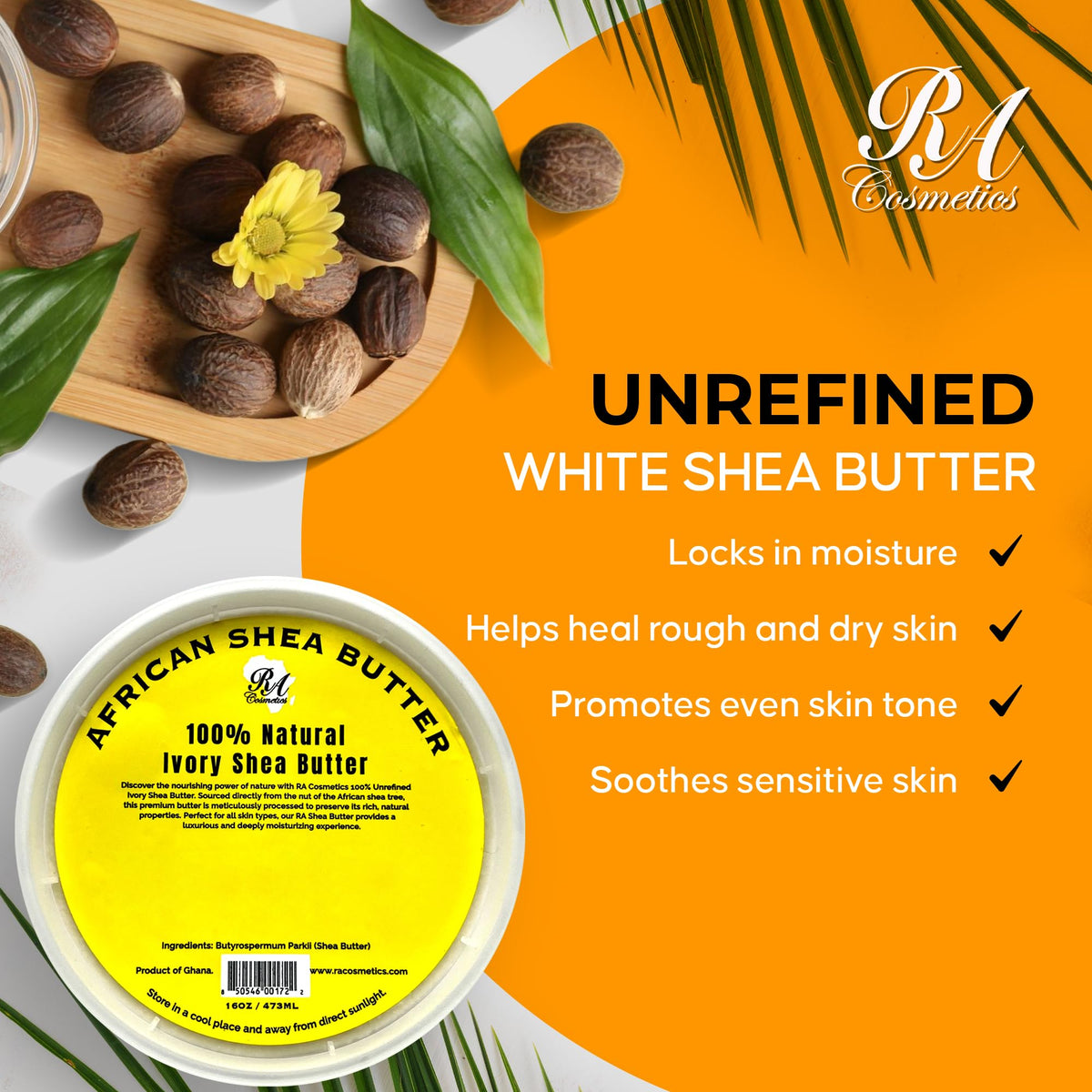 RA COSMETICS open jar displaying ivory color and natural nutty scent benefits