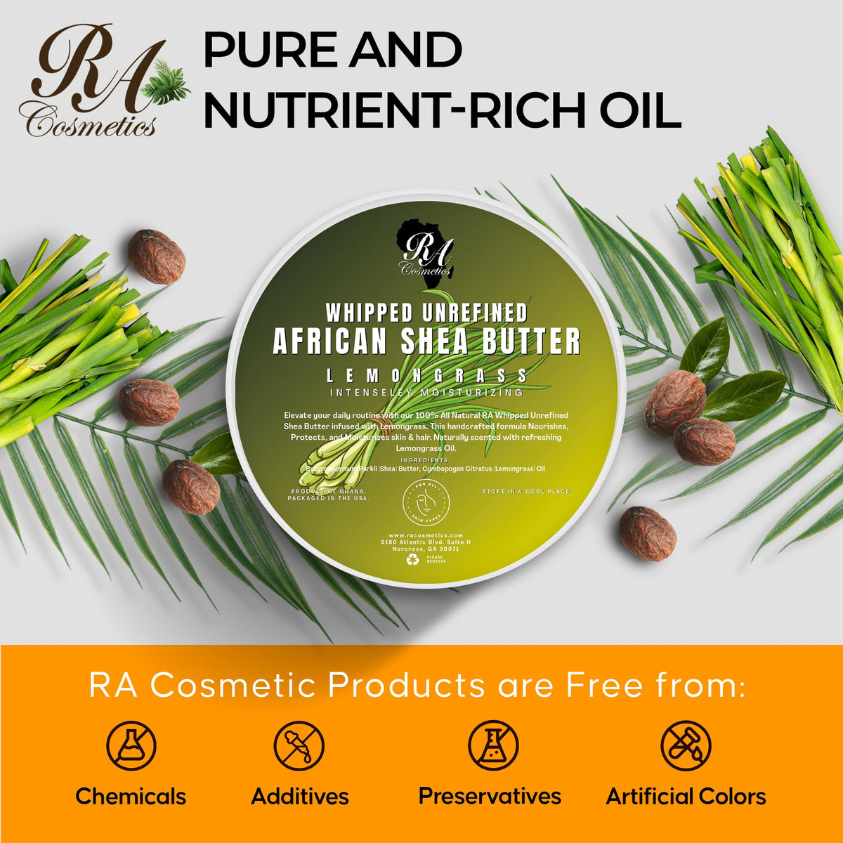 RA COSMETICS label and ingredient list close-up highlighting unrefined shea origin benefit ingredient transparency