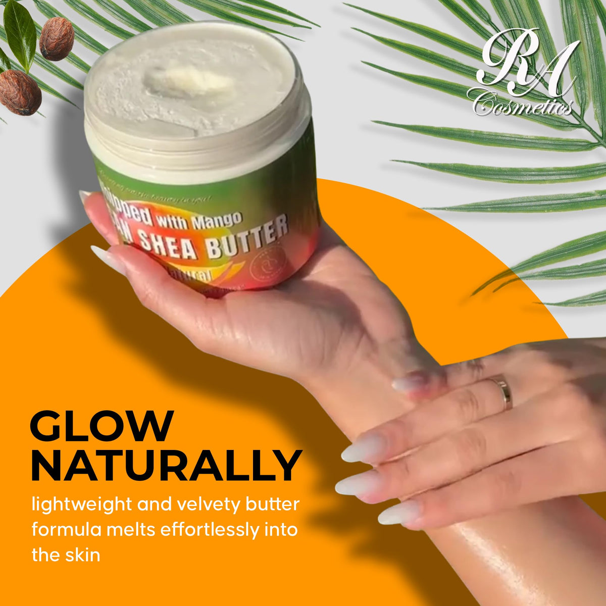 RA COSMETICS label close-up displaying unrefined shea and ingredient clarity benefit