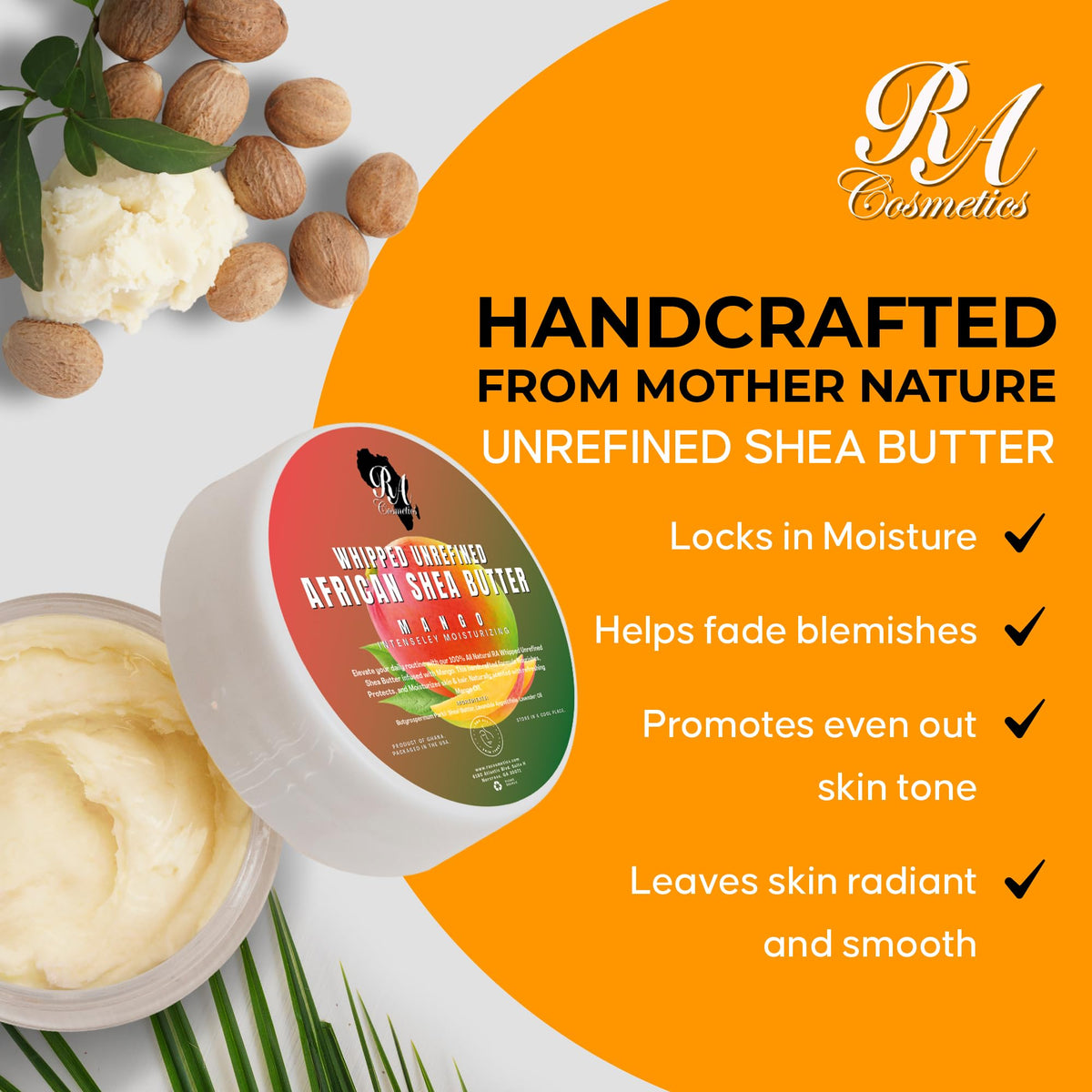 RA COSMETICS open jar top view highlighting creamy mango-infused butter benefit