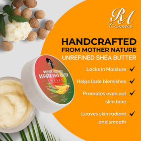 RA COSMETICS open jar top view highlighting creamy mango-infused butter benefit