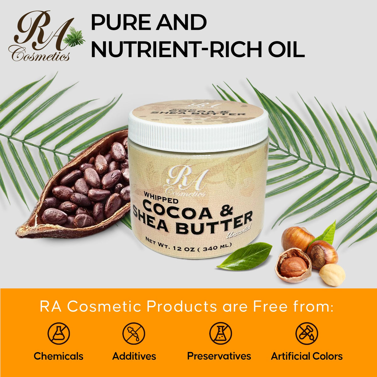 RA COSMETICS size comparison beside hand shows true 12oz scale for accurate purchase