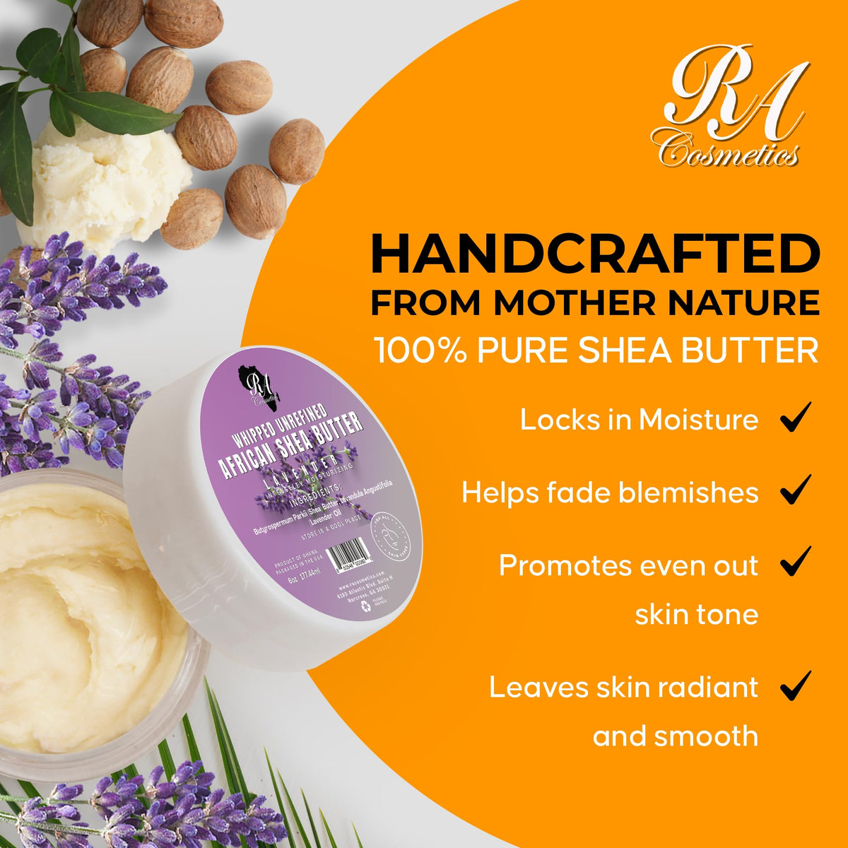 RA COSMETICS close-up with lavender sprig highlighting calming scent