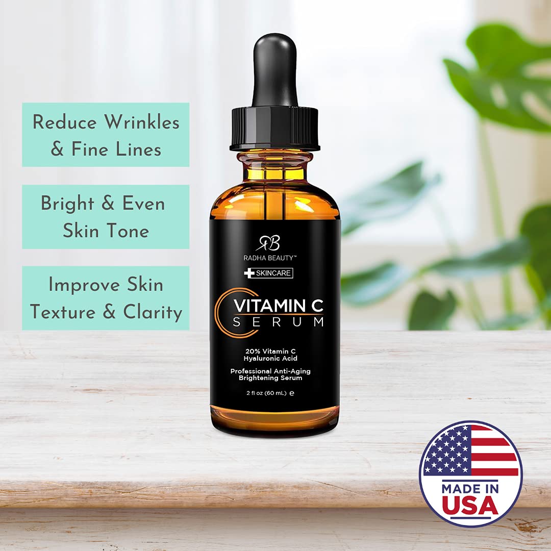 Radha Beauty dropper close-up dispensing vitamin C serum for targeted use