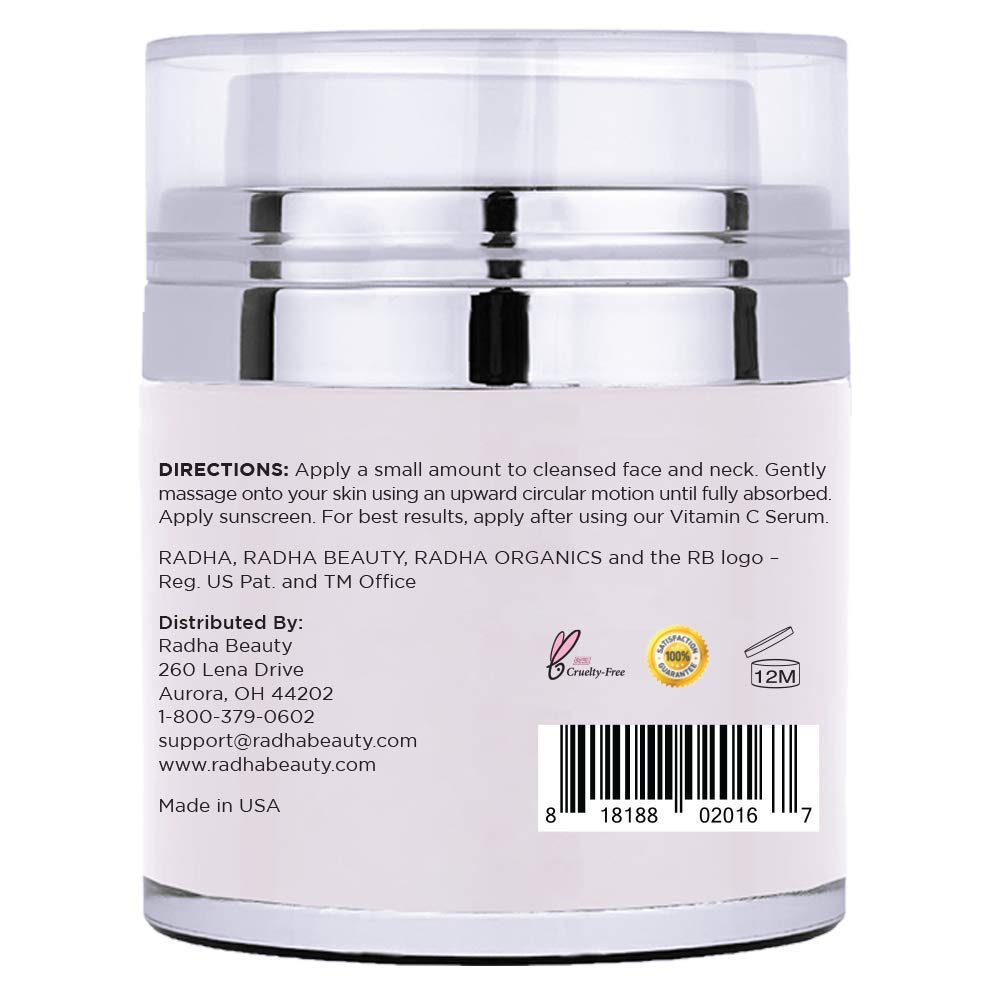 Radha Beauty dispenser detail with cream on fingertip showing easy, mess-free application