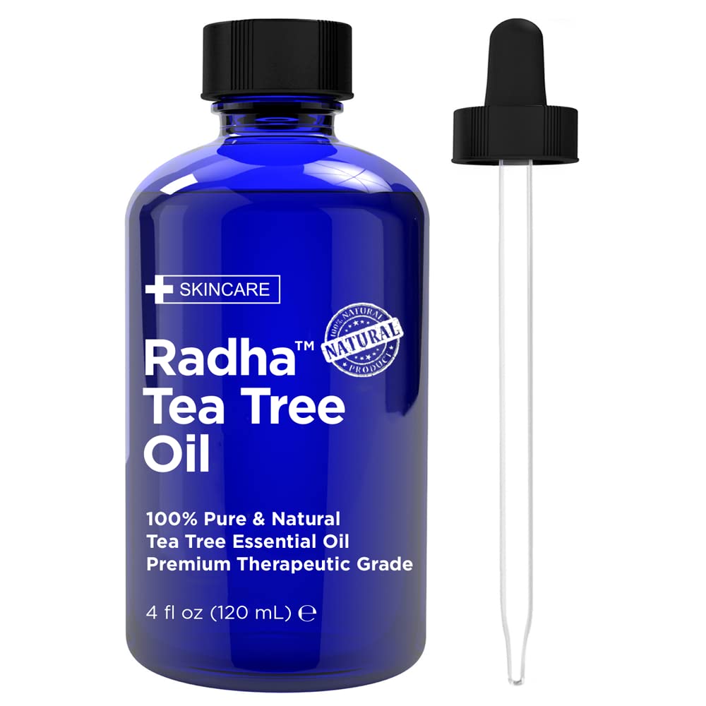 Radha Beauty tea tree 4 oz cobalt bottle showing label and capacity for long-lasting use