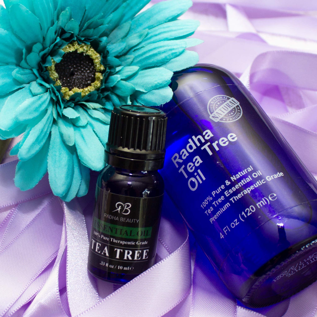 Radha Beauty tea tree oil beside diffuser in living room for fresh natural aroma