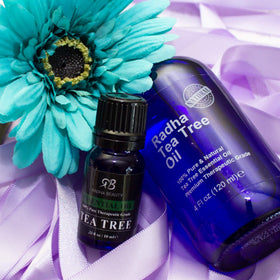 Radha Beauty tea tree oil beside diffuser in living room for fresh natural aroma