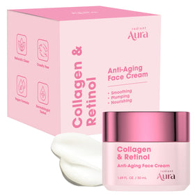 Radiant Aura front jar view showing elegant packaging and clear product name