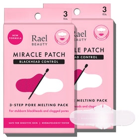 Rael front packaging of 3-step blackhead remover kit showing contents and benefits