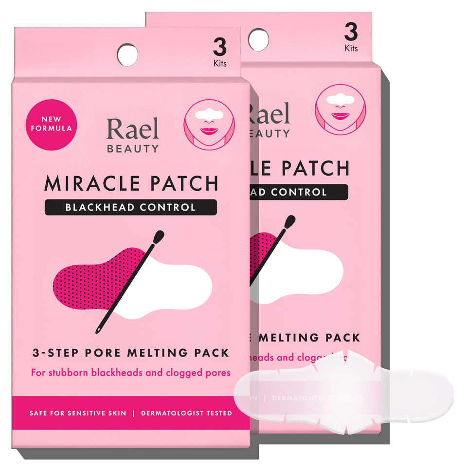 Rael front packaging of 3-step blackhead remover kit showing contents and benefits