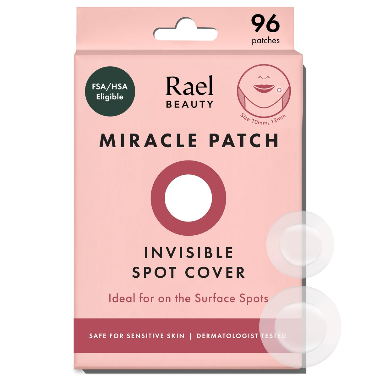 Rael front packaging showing 96 count and two sizes, easy spot care