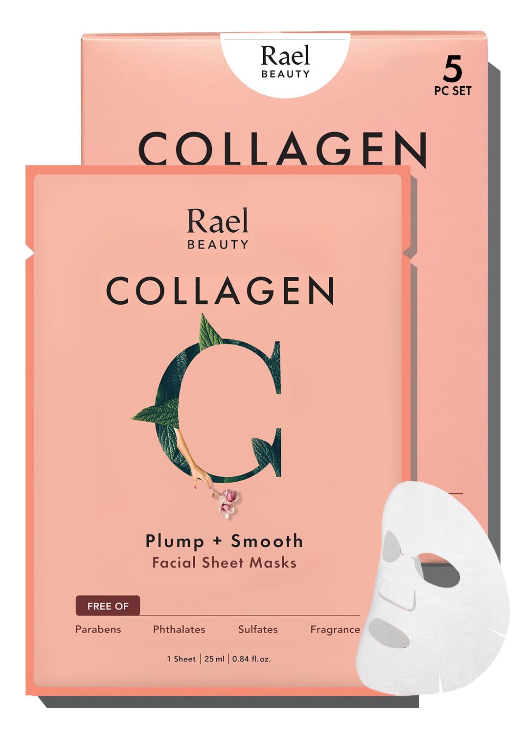 Rael front packaging showing collagen masks and benefits
