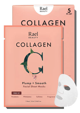 Rael front packaging showing collagen masks and benefits