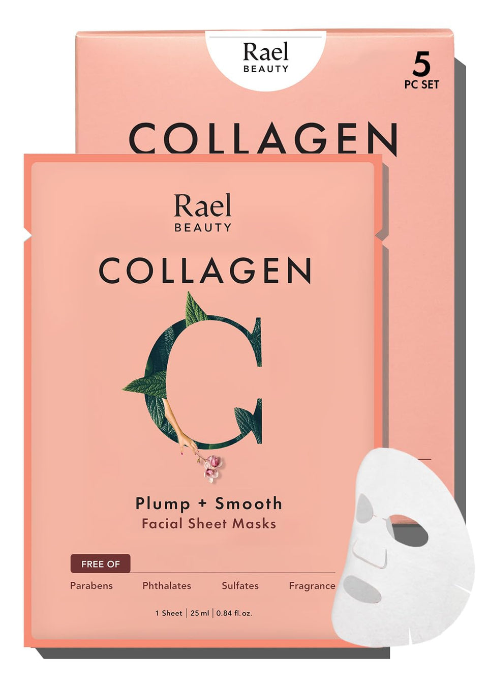 Rael front packaging showing collagen masks and benefits