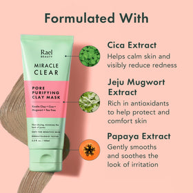 Rael model applying mask in bathroom showing calming routine and fresh skin feel
