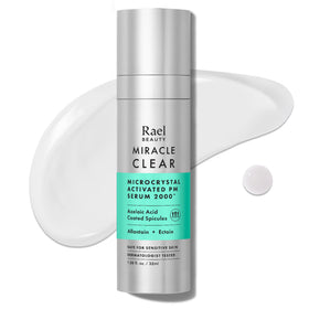 Rael front packaging shows bottle and benefits for clearer-looking skin
