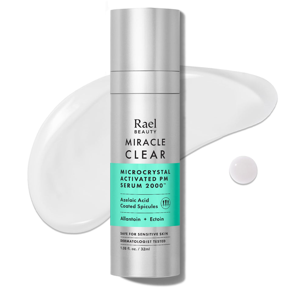 Rael front packaging shows bottle and benefits for clearer-looking skin