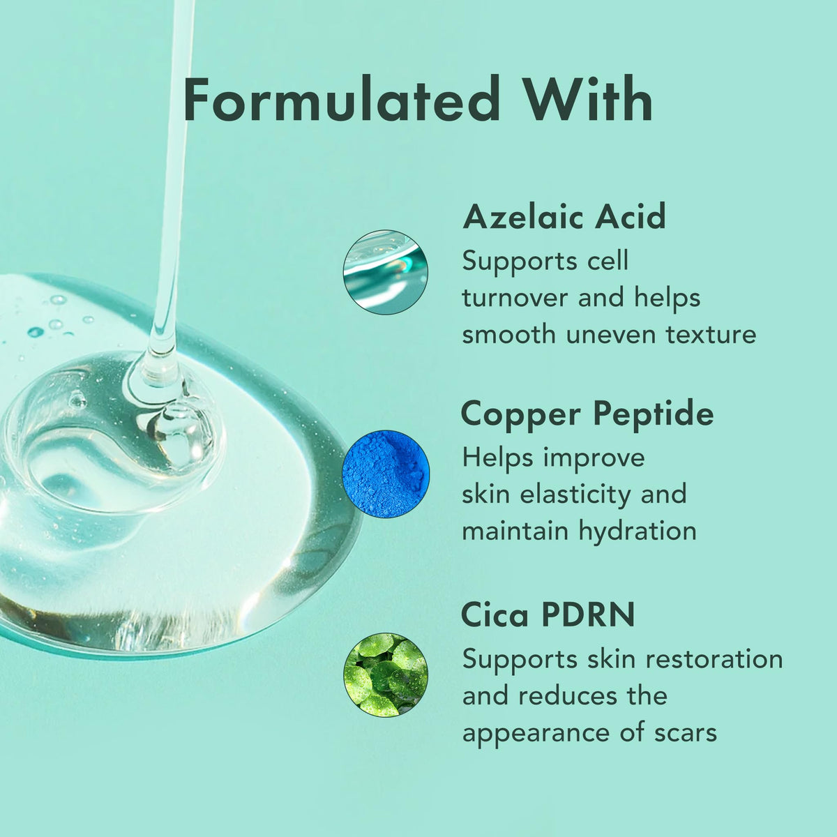 Rael pipette droplet touching skin, illustrates easy absorption and hydration
