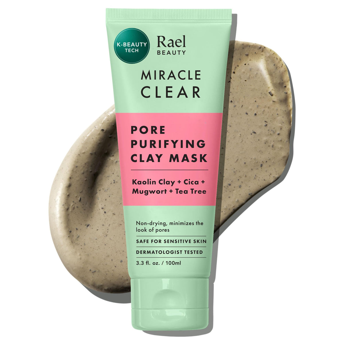 Rael front tube view showing product and clear labeling benefits pore control