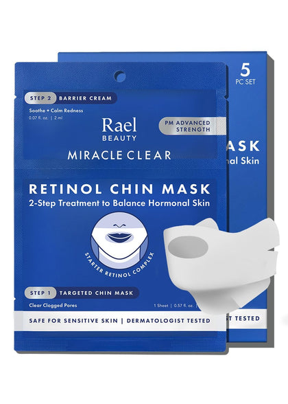 Rael front packaging of retinol chin mask showing kit benefits