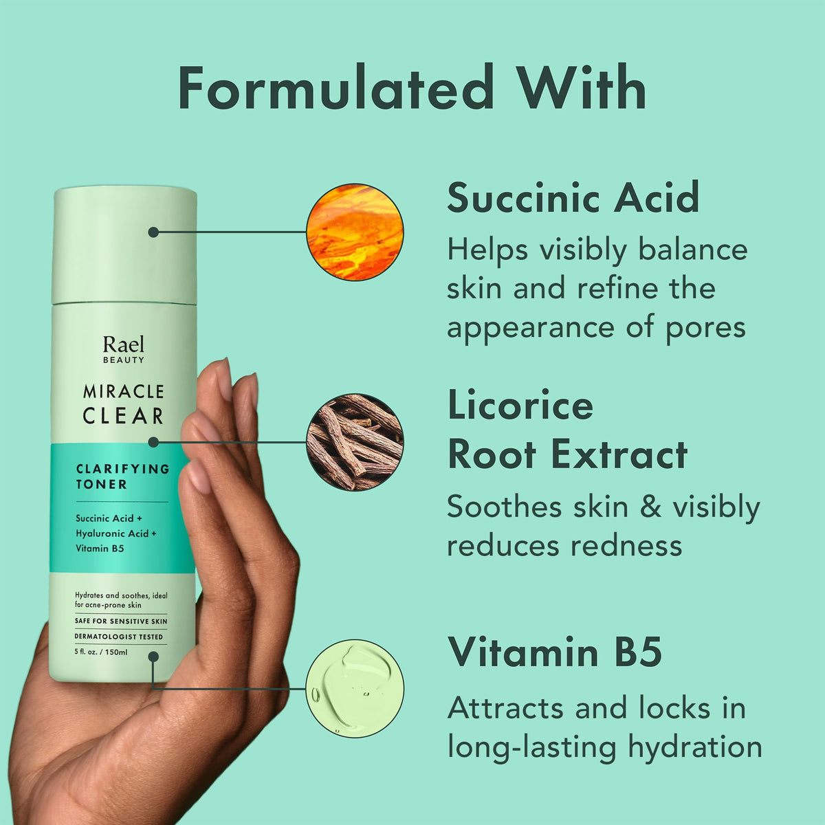 Rael close-up on succinic acid mention highlighting oil-control benefit for blemish-prone skin
