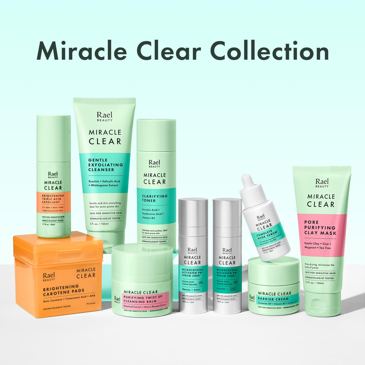 Rael pads arranged with skincare items showing routine compatibility