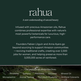 Rahua sustainability badge over rainforest background highlighting conservation support