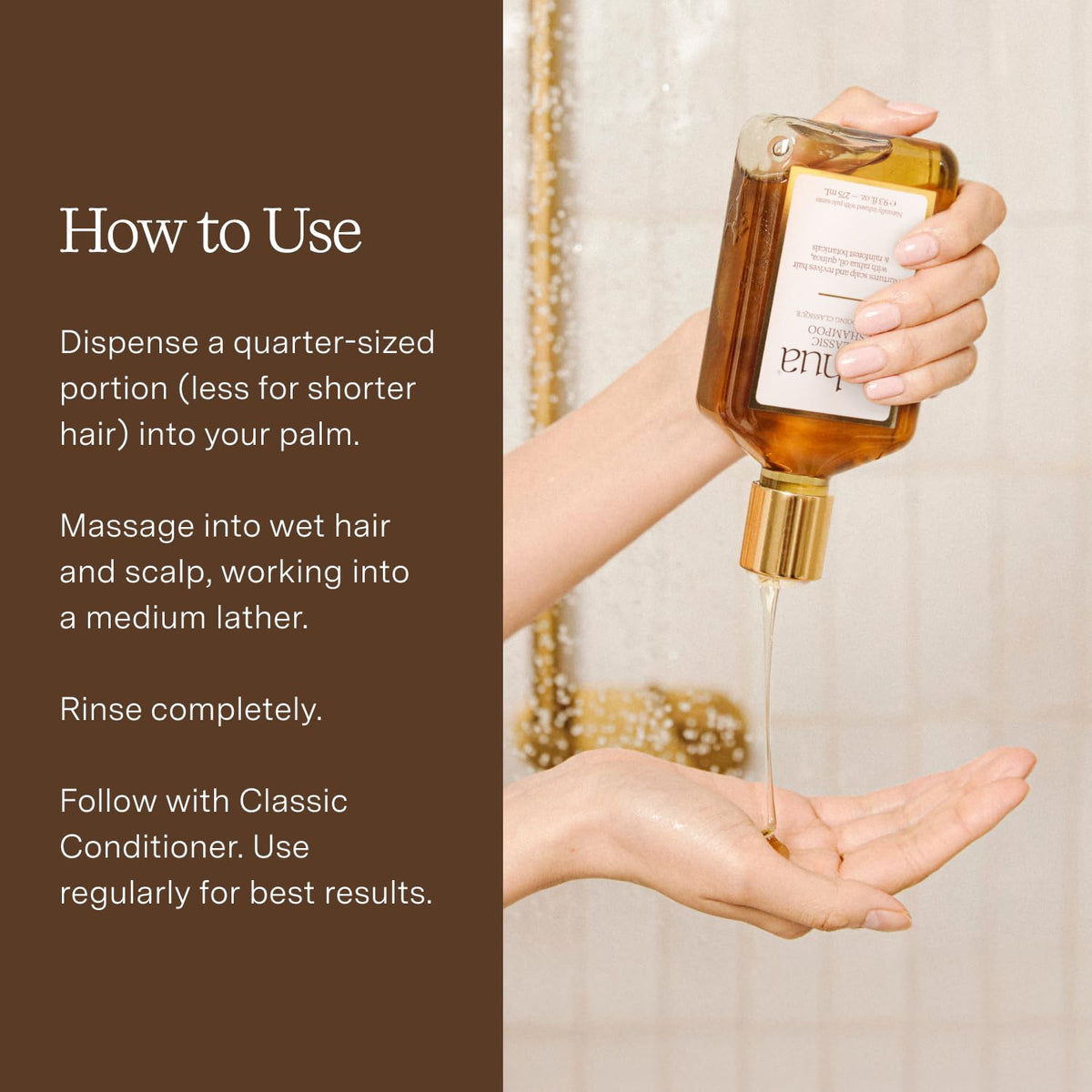 Rahua bottle staged in shower showing everyday use and practical routine benefit