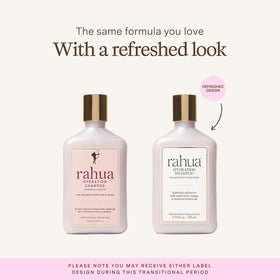 Rahua label and pump close‑up highlighting ingredient transparency