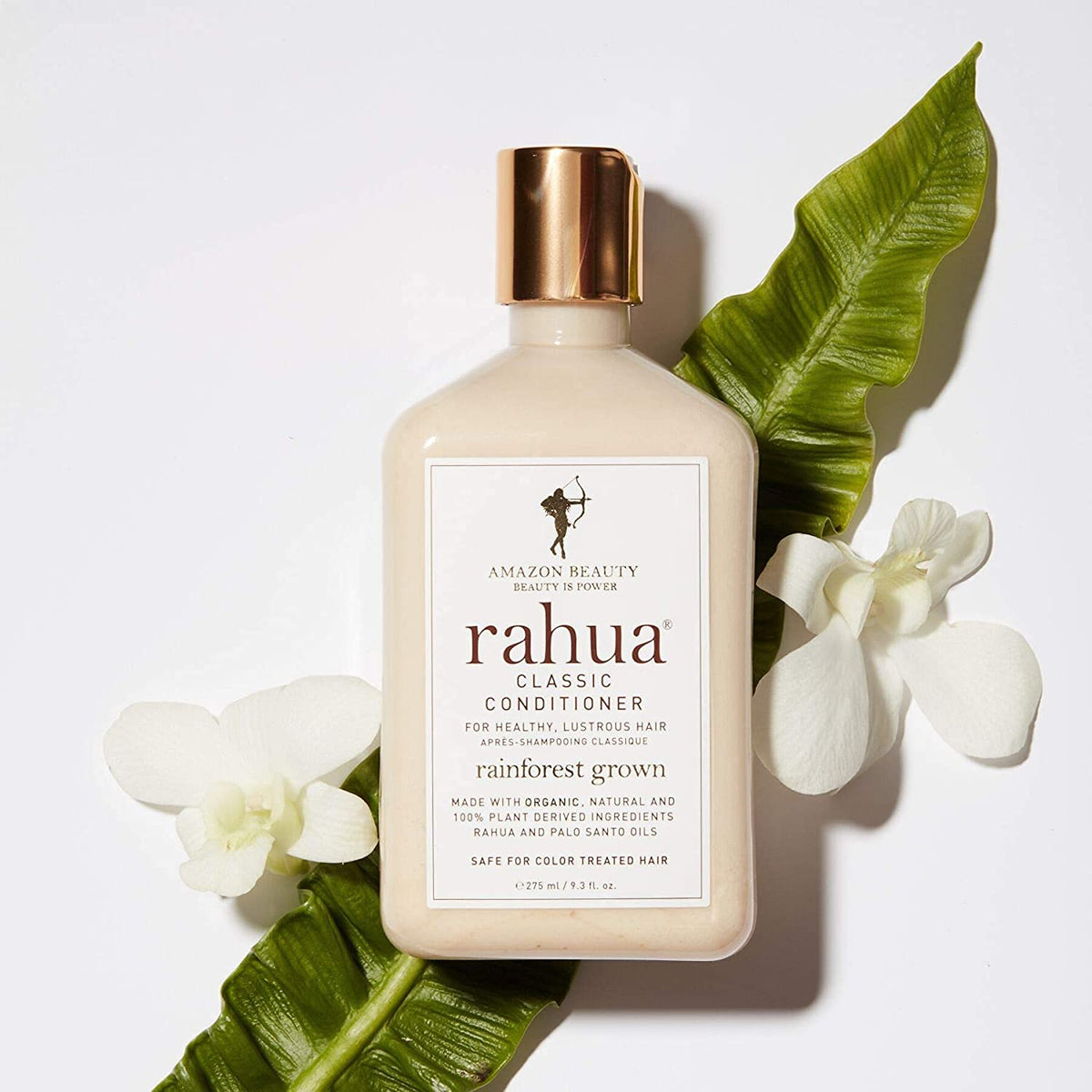 Close-up of Rahua label listing organic ingredients and sustainable sourcing benefit