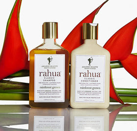 Rahua conditioner on bathroom shelf in lifestyle setting suggesting luxury daily care benefit