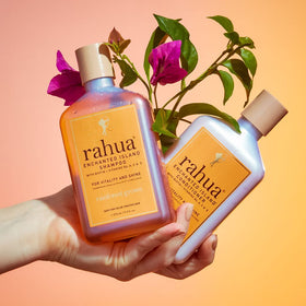 Rahua conditioner on a bathroom shelf portraying a luxe everyday ritual