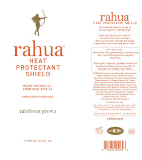 Rahua bottle staged on bathroom vanity with plants to show rainforest-grown, luxe routine benefit