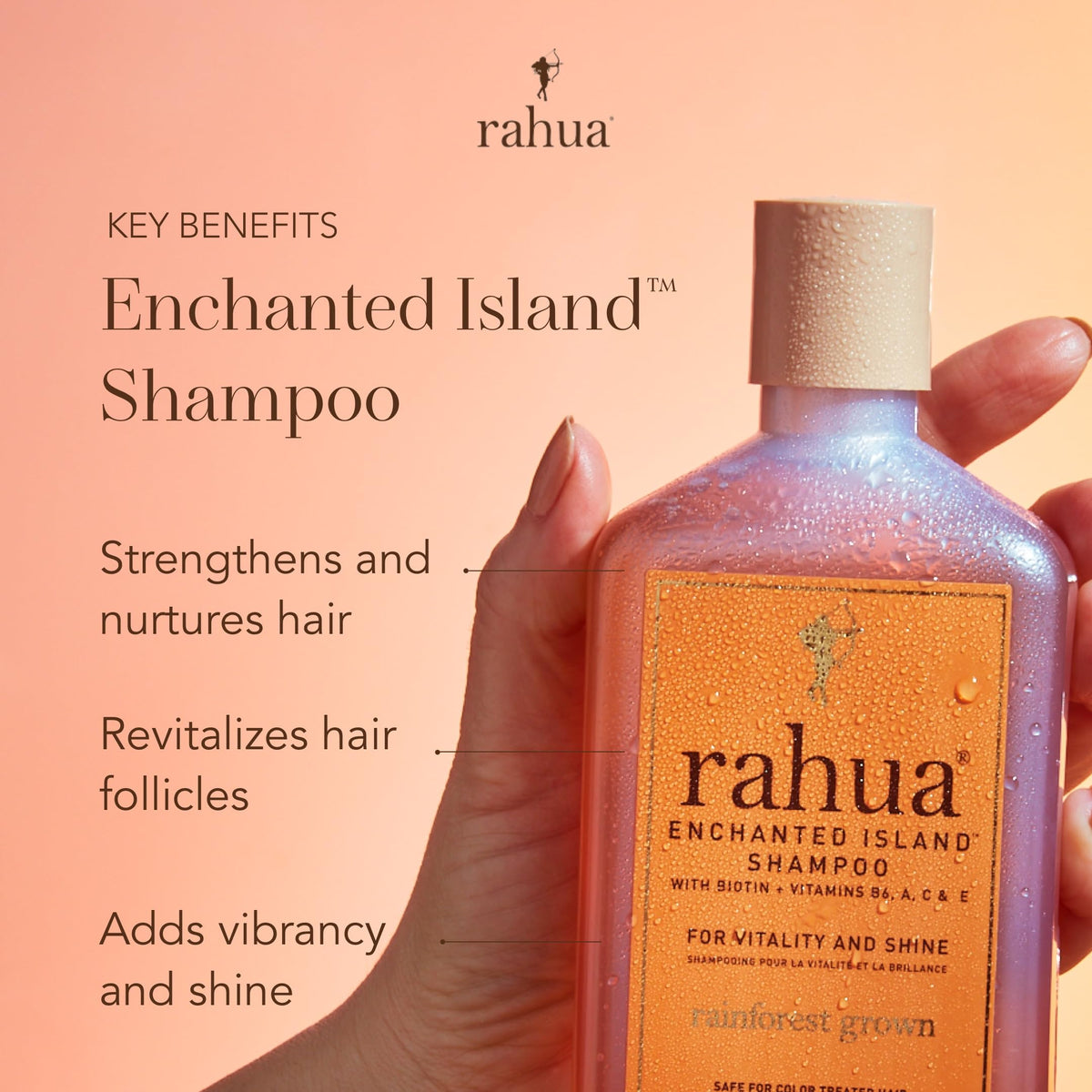 Rahua shampoo pour texture close-up showing creamy lather for gentle cleansing
