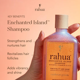 Rahua shampoo pour texture close-up showing creamy lather for gentle cleansing