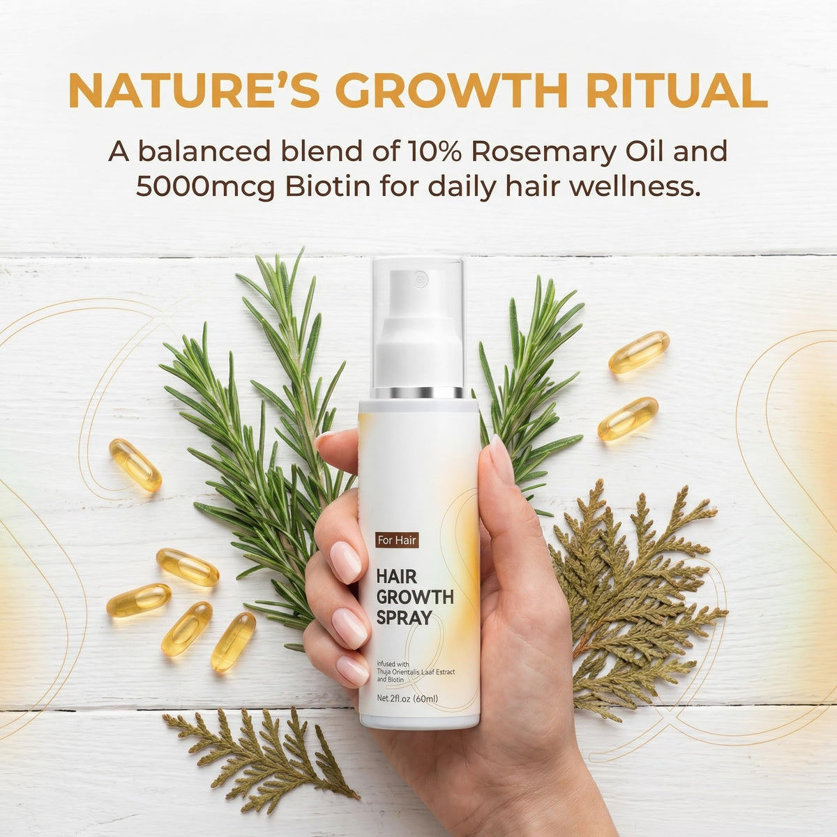 Close-up of RAIFIN product label highlighting rosemary and biotin benefits