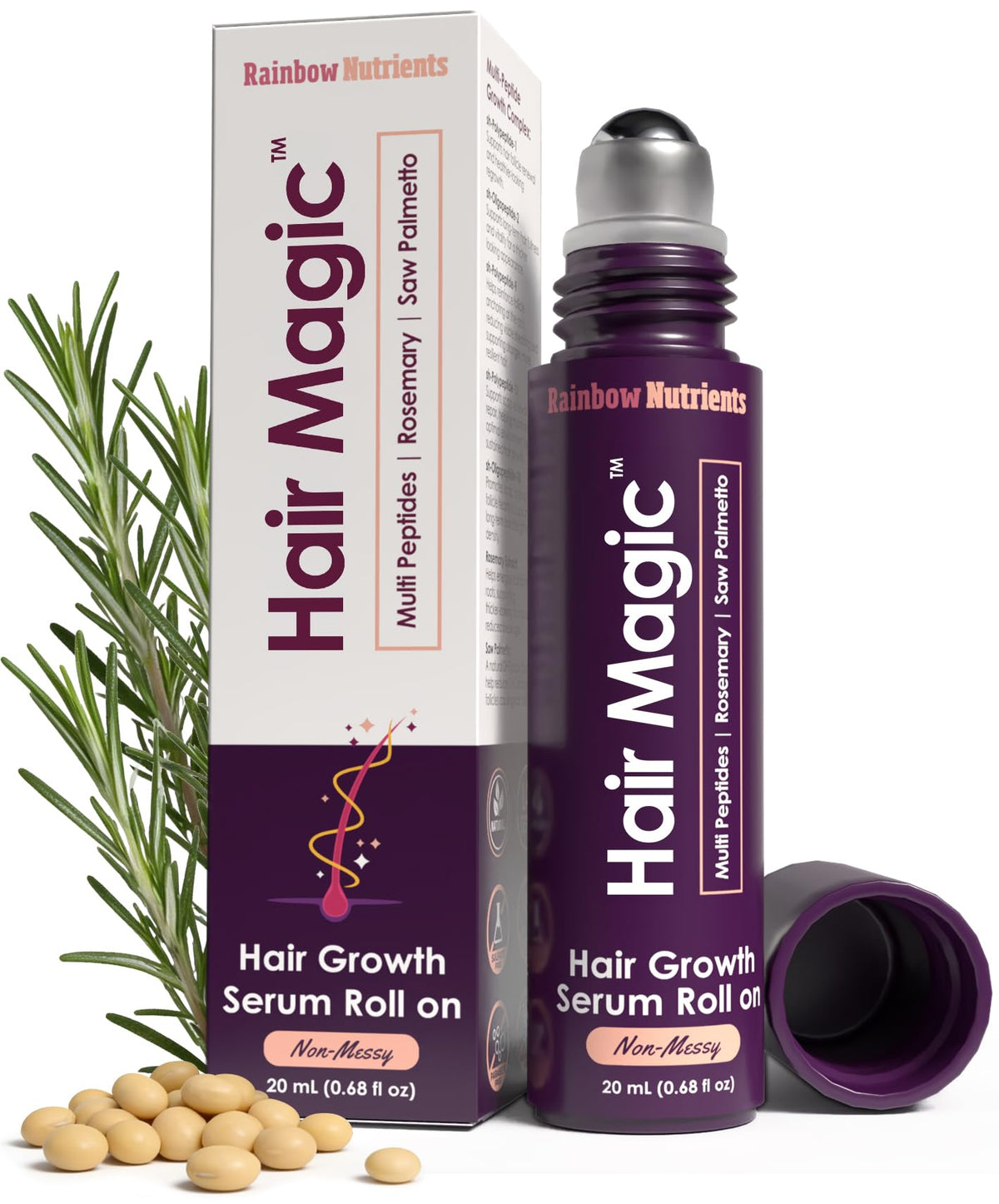 Rainbow Nutrients Hair Magic front packaging showing product benefits and compact size