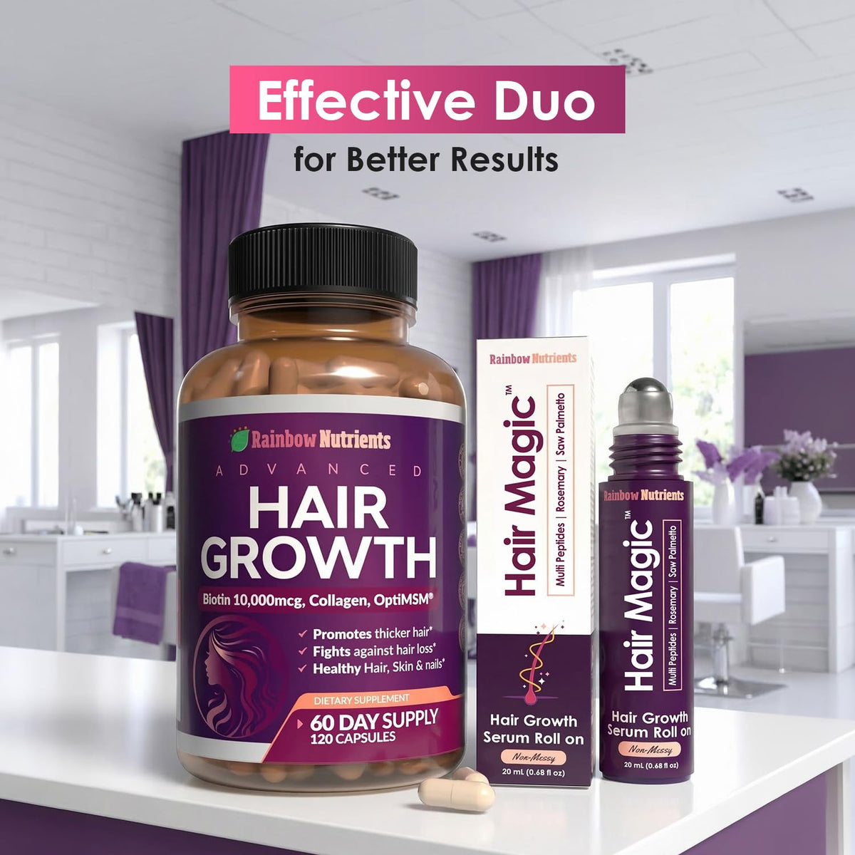 Rainbow Nutrients lifestyle bathroom shelf setting showing daily routine integration