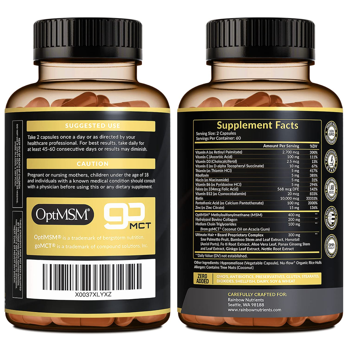 Rainbow Nutrients capsules and bottle arranged to show daily supplement regimen