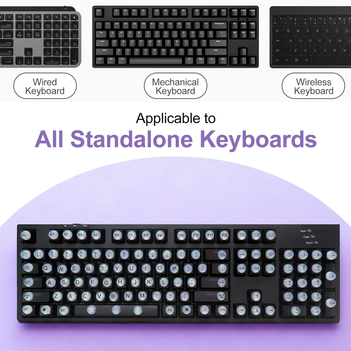 Raised Button compatibility demo on a desktop keyboard showing universal fit for keys