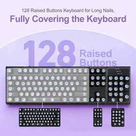 Raised Button in-use hands with long nails typing to prevent nail snagging and breakage
