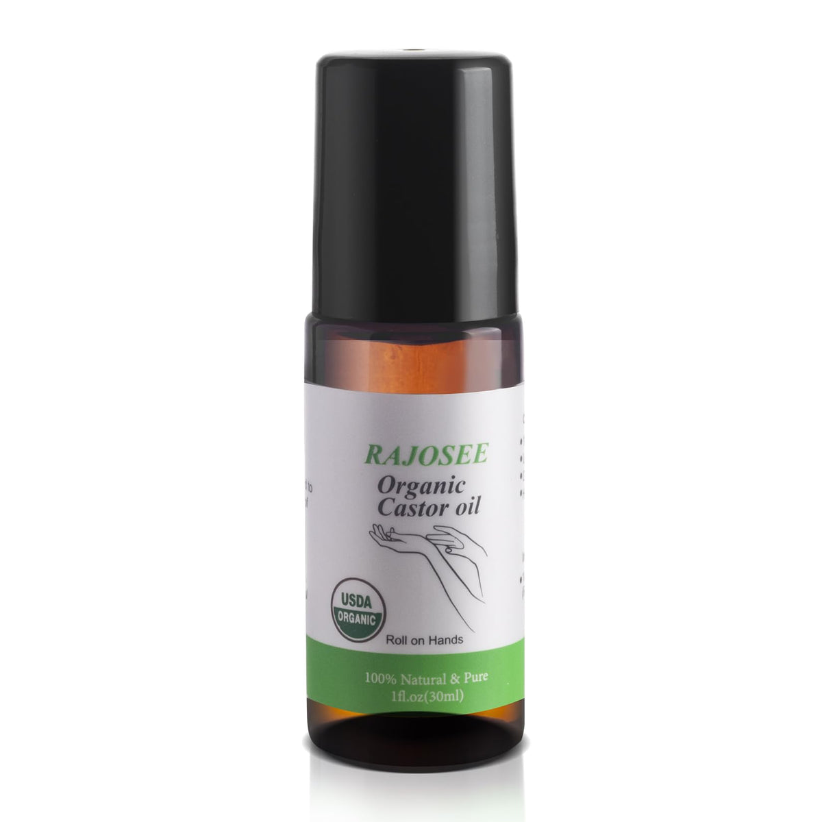 RAJOSEE amber bottle and label emphasizing organic certification protection