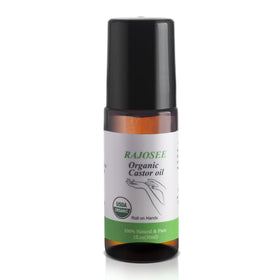RAJOSEE amber bottle and label emphasizing organic certification protection
