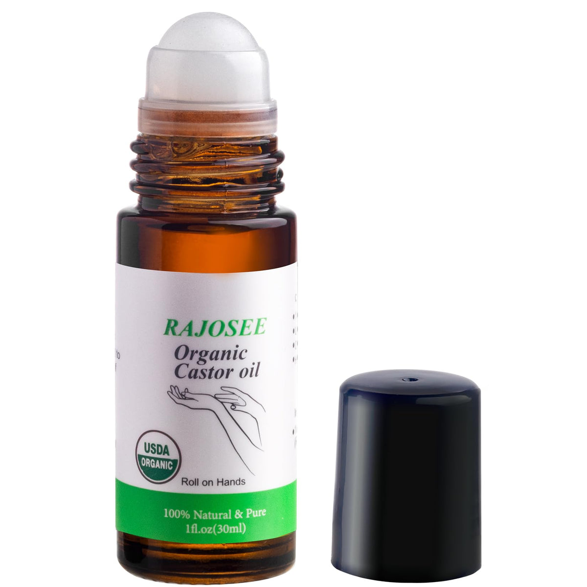 RAJOSEE glass roll-on bottle front view showing compact design and purity