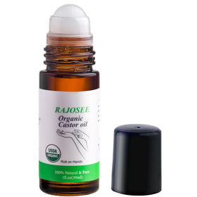 RAJOSEE glass roll-on bottle front view showing compact design and purity