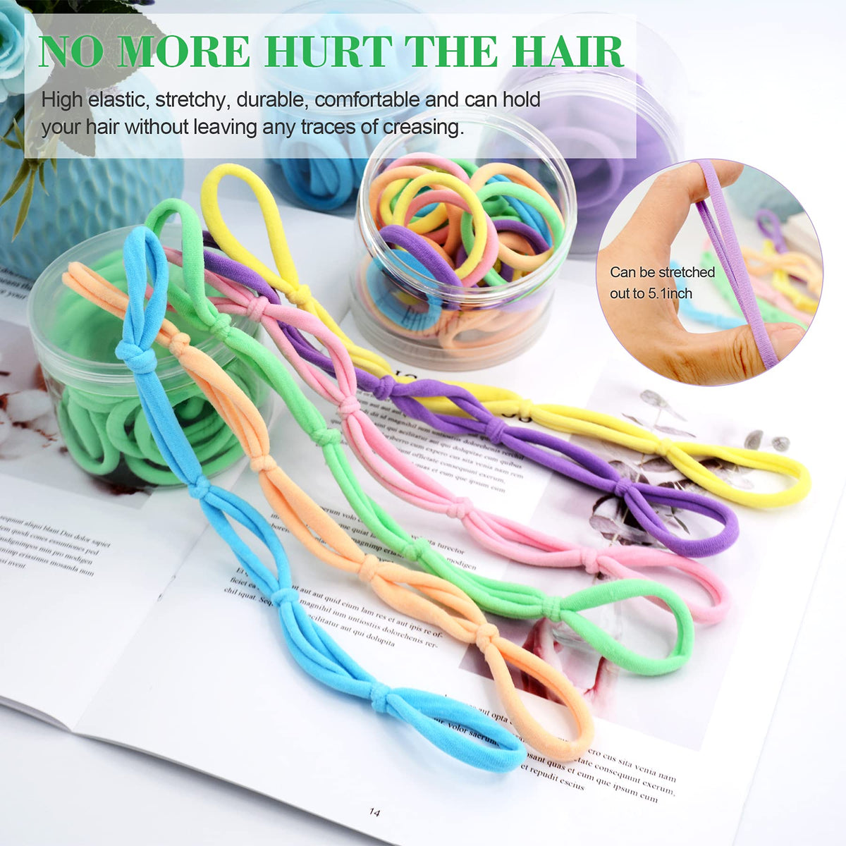 Random Mood hair tie on hand for scale, shows stretch and size reliability benefit