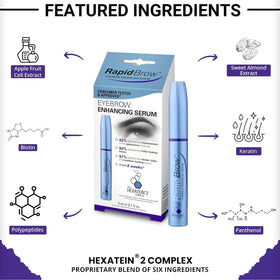 RapidBrow 3 mL bottle next to a coin showing compact travel-friendly size