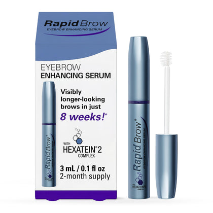 RapidBrow front packaging shows product and benefits for fuller-looking brows